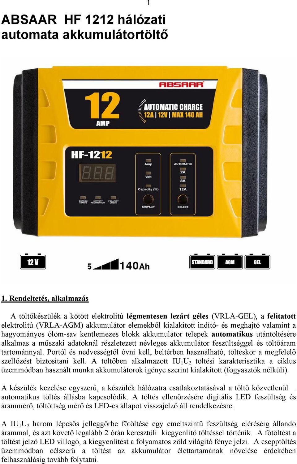 ABSAAR HF 1212 hálózati automata akkumulátortöltı - PDF Free Download