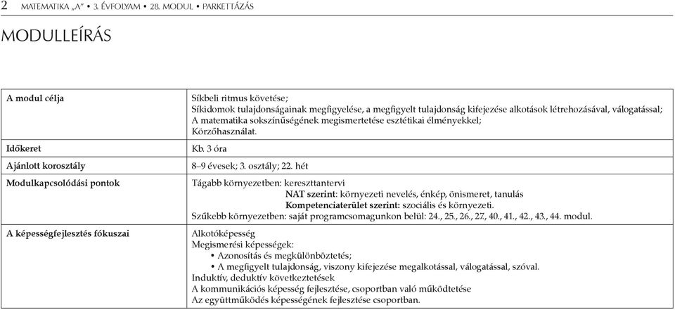 megfigyelt tulajdonság kifejezése alkotások létrehozásával, válogatással; A matematika sokszínűségének megismertetése esztétikai élményekkel; Körzőhasználat. Kb. 3 óra 8 9 évesek; 3. osztály; 22.