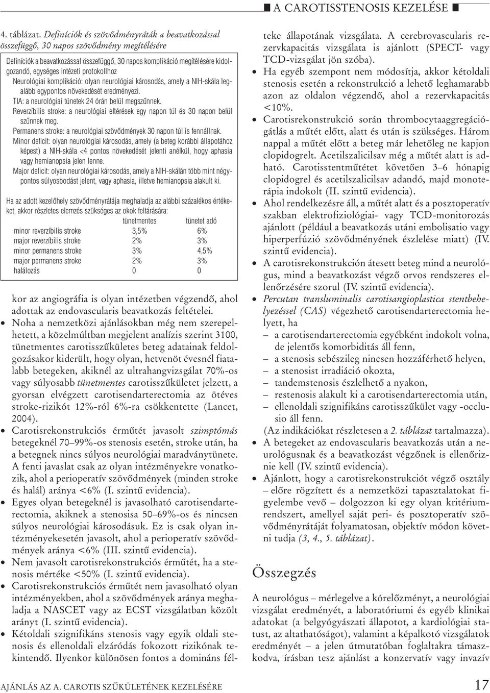 protokollhoz Neurológiai komplikáció: olyan neurológiai károsodás, amely a NIH-skála legalább egypontos növekedését eredményezi. TIA: a neurológiai tünetek 24 órán belül megszûnnek.