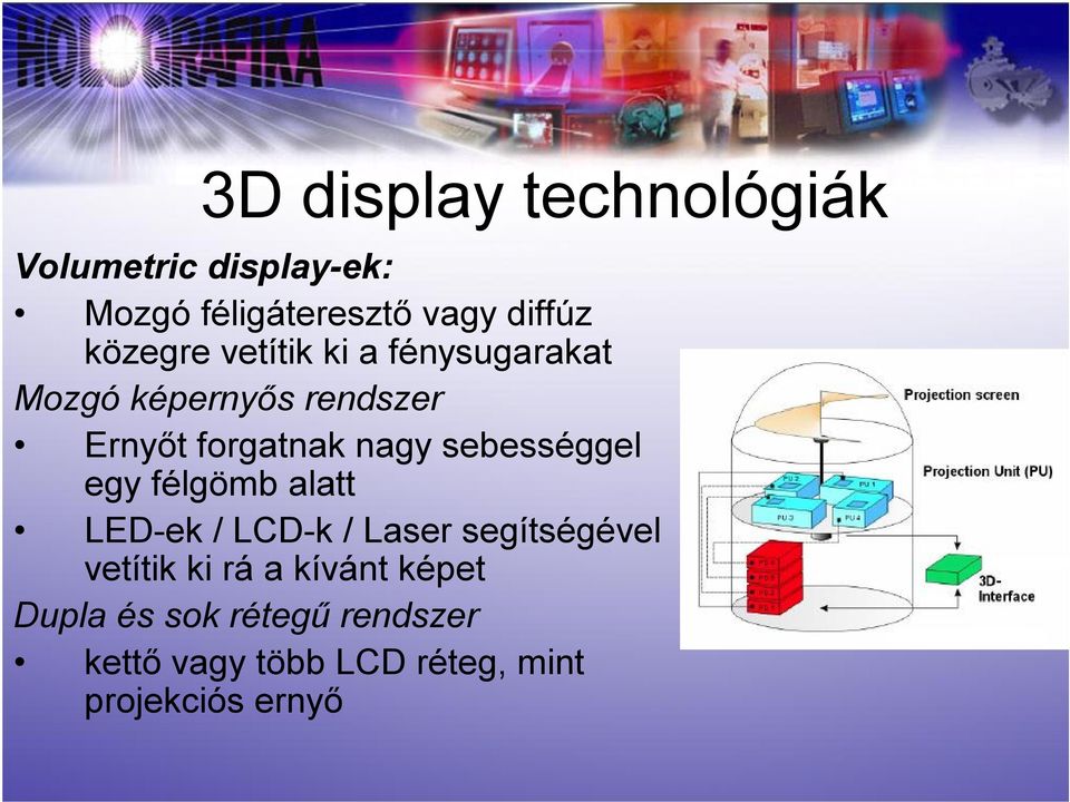 sebességgel egy félgömb alatt LED-ek / LCD-k / Laser segítségével vetítik ki rá a