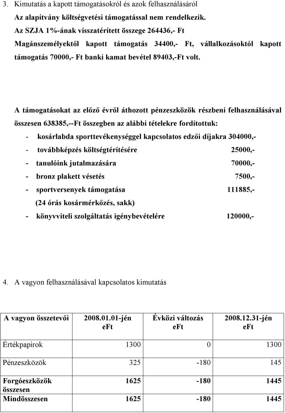 A támogatásokat az előző évről áthozott pénzeszközök részbeni felhasználásával összesen 638385,--Ft összegben az alábbi tételekre fordítottuk: - kosárlabda sporttevékenységgel kapcsolatos edzői