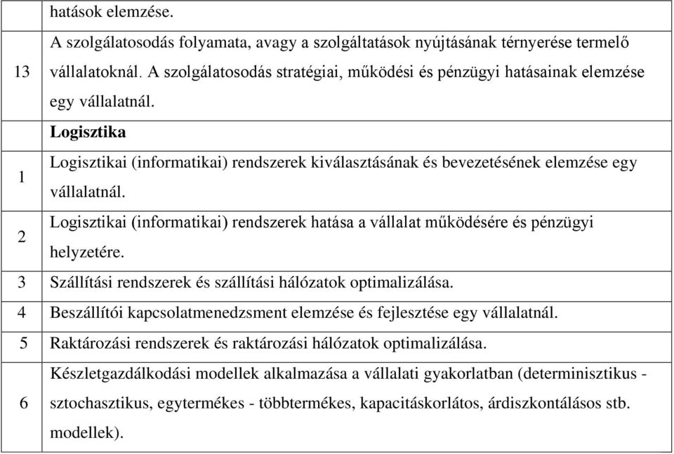 Logisztikai (informatikai) rendszerek hatása a vállalat működésére és pénzügyi 2 helyzetére. 3 Szállítási rendszerek és szállítási hálózatok optimalizálása.