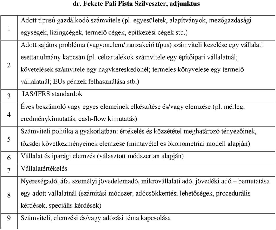 céltartalékok számvitele egy építőipari vállalatnál; követelések számvitele egy nagykereskedőnél; termelés könyvelése egy termelő vállalatnál; EUs pénzek felhasználása stb.