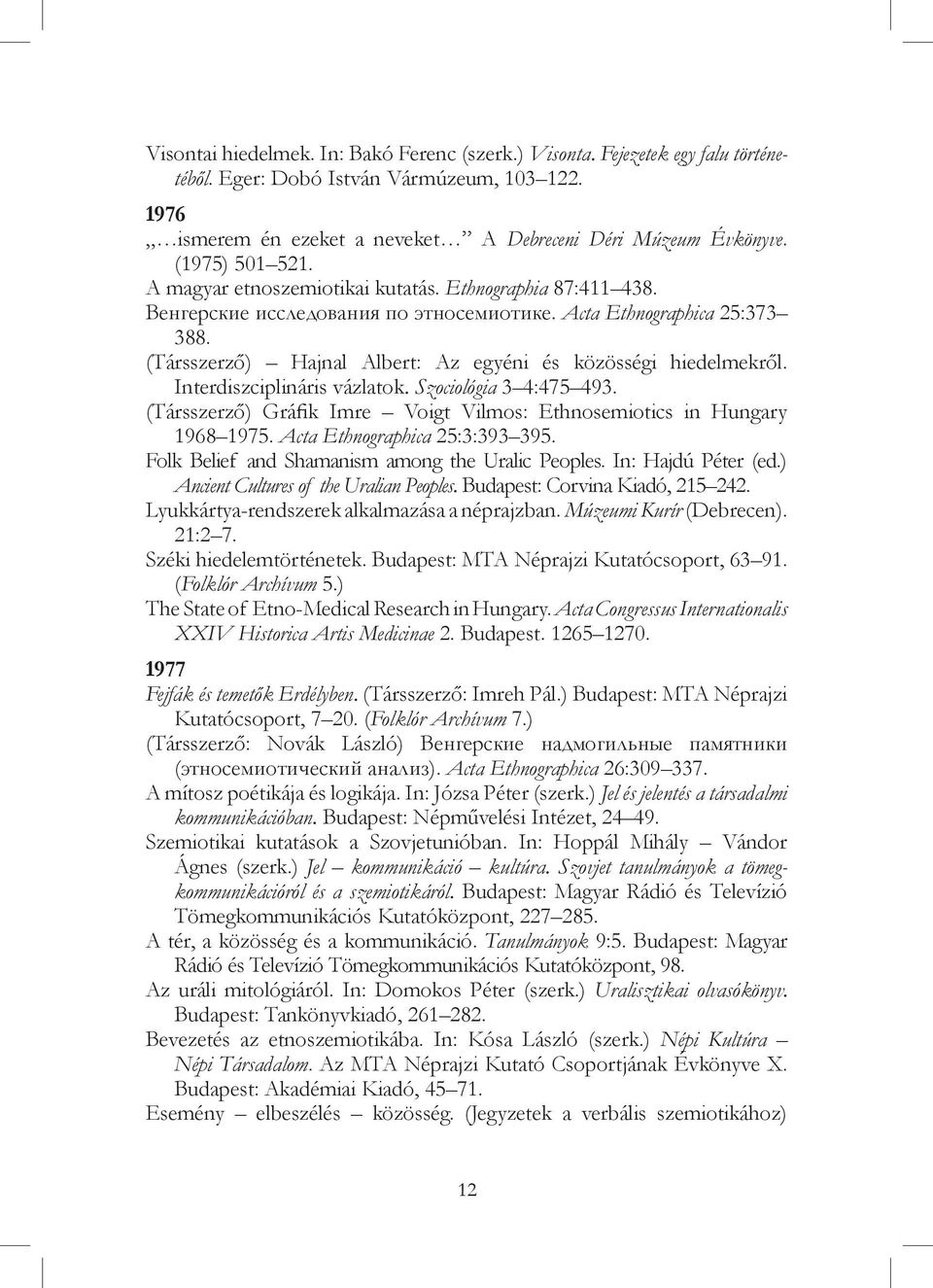(Társszerző) Hajnal Albert: Az egyéni és közösségi hiedelmekről. Interdiszciplináris vázlatok. Szociológia 3 4:475 493. (Társszerző) Gráfik Imre Voigt Vilmos: Ethnosemiotics in Hungary 1968 1975.