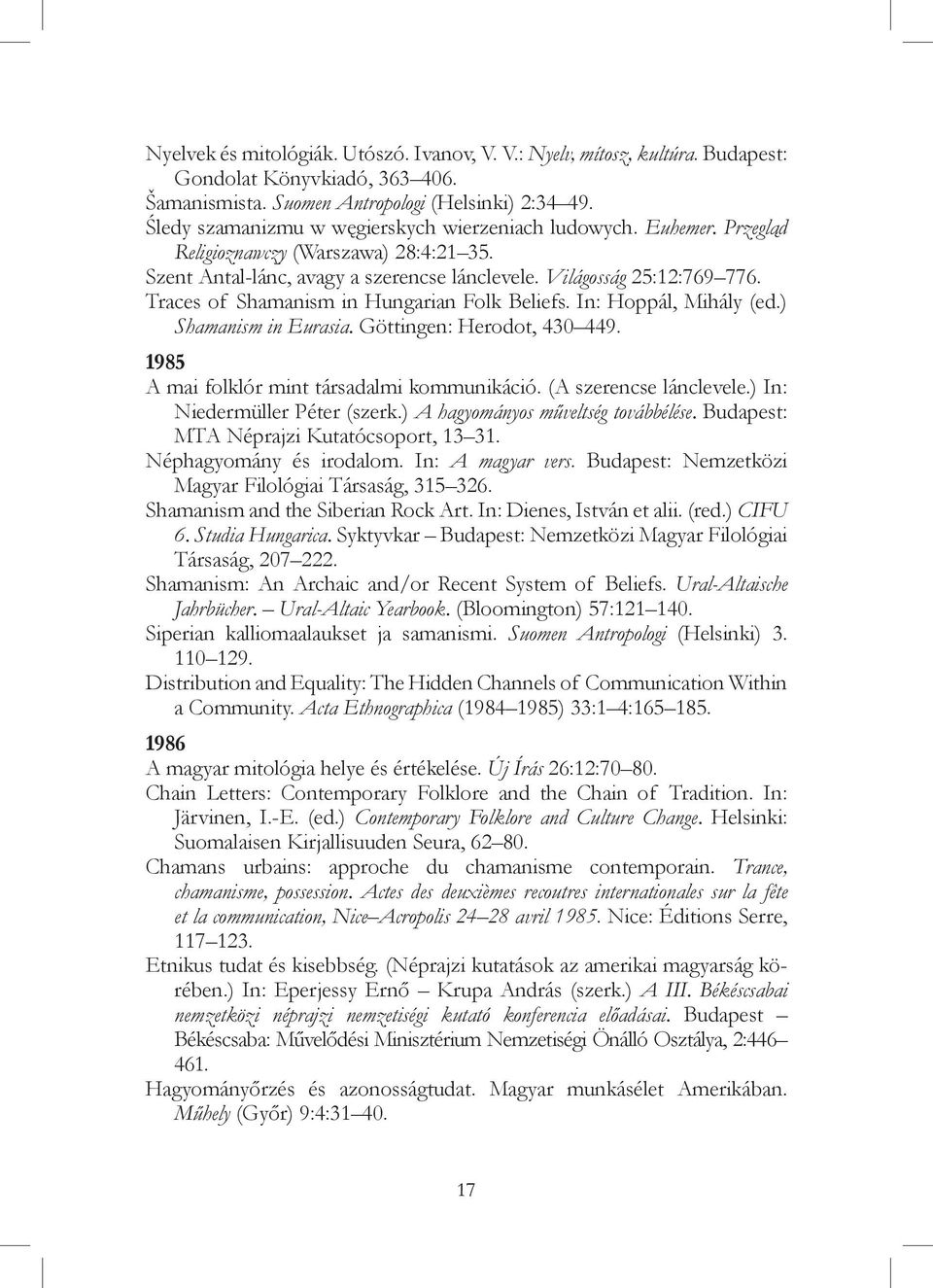 Traces of Shamanism in Hungarian Folk Beliefs. In: Hoppál, Mihály (ed.) Shamanism in Eurasia. Göttingen: Herodot, 430 449. 1985 A mai folklór mint társadalmi kommunikáció. (A szerencse lánclevele.