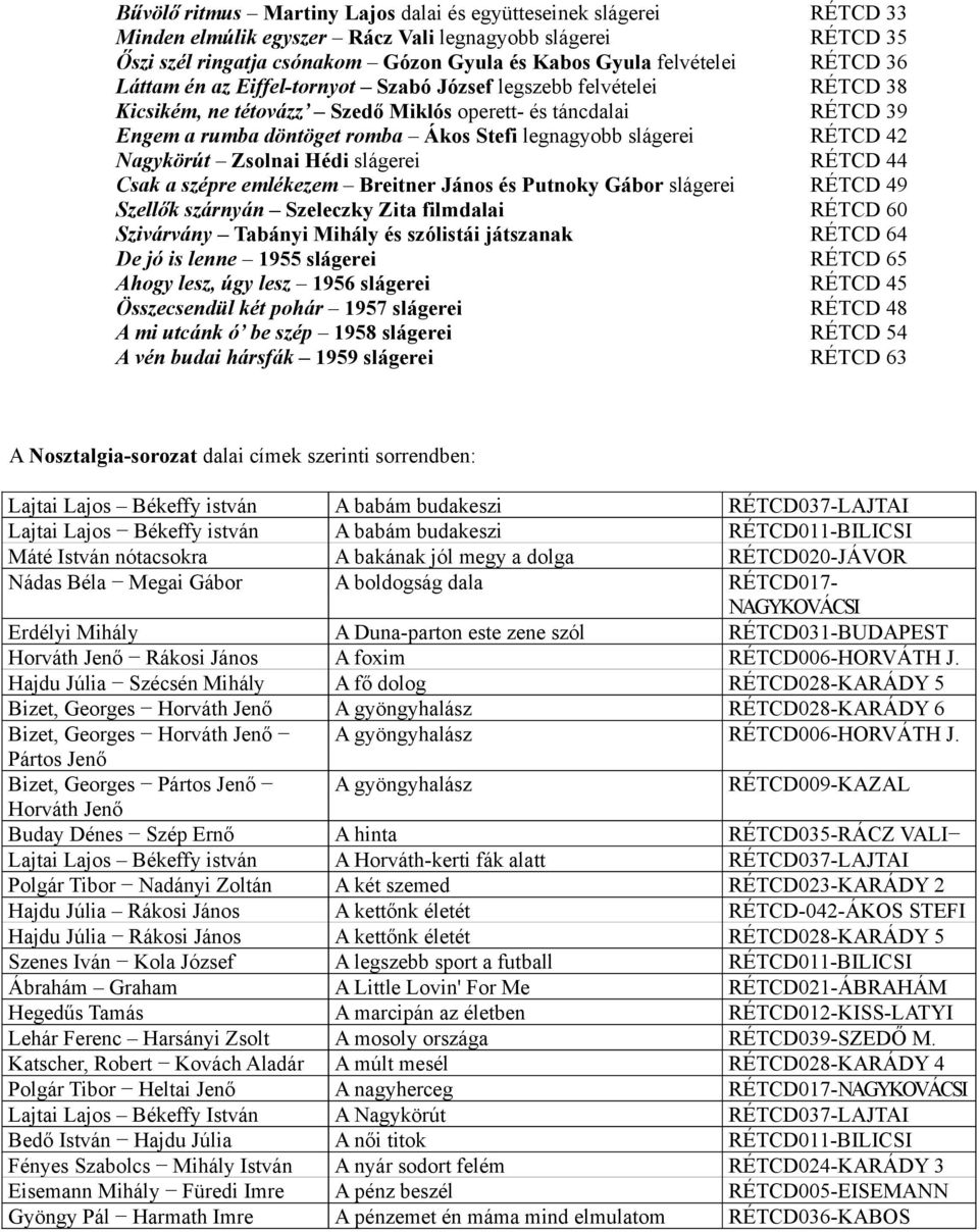 slágerei RÉTCD 42 Nagykörút Zsolnai Hédi slágerei RÉTCD 44 Csak a szépre emlékezem Breitner János és Putnoky Gábor slágerei RÉTCD 49 Szellők szárnyán Szeleczky Zita filmdalai RÉTCD 60 Szivárvány