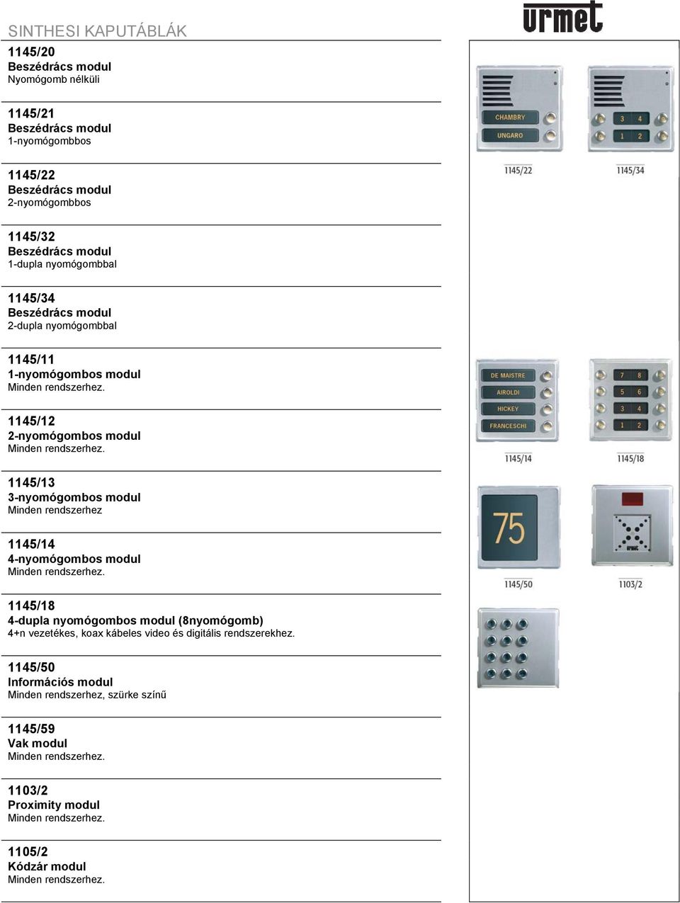 1145/13 3-nyomógombos modul Minden rendszerhez 1145/14 4-nyomógombos modul Minden rendszerhez.