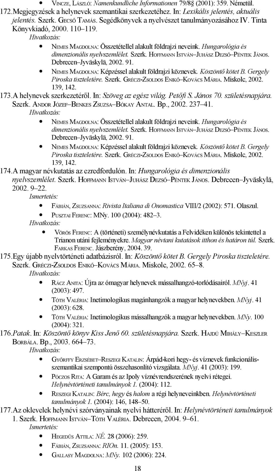 HOFFMANN ISTVÁN JUHÁSZ DEZSŐ PÉNTEK JÁNOS. Debrecen Jyväskylä, 2002. 91. NEMES MAGDOLNA: Képzéssel alakult földrajzi köznevek. Köszöntő kötet B. Gergely Piroska tiszteletére. Szerk.