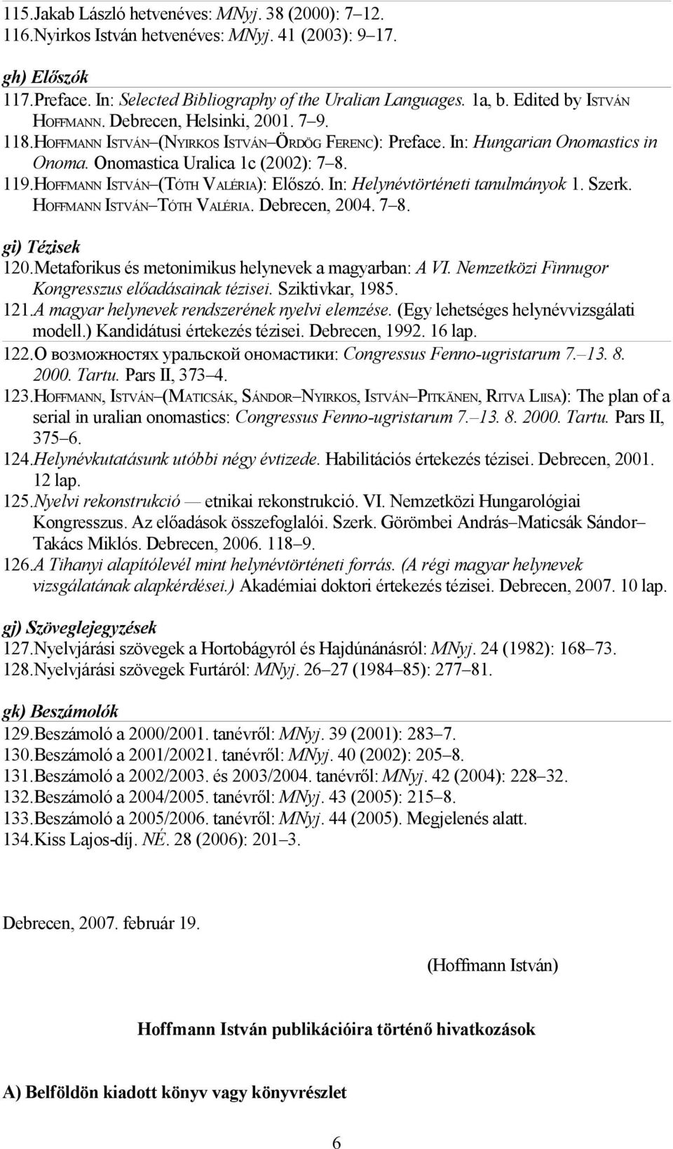 HOFFMANN ISTVÁN (TÓTH VALÉRIA): Előszó. In: Helynévtörténeti tanulmányok 1. Szerk. HOFFMANN ISTVÁN TÓTH VALÉRIA. Debrecen, 2004. 7 8. gi) Tézisek 120.