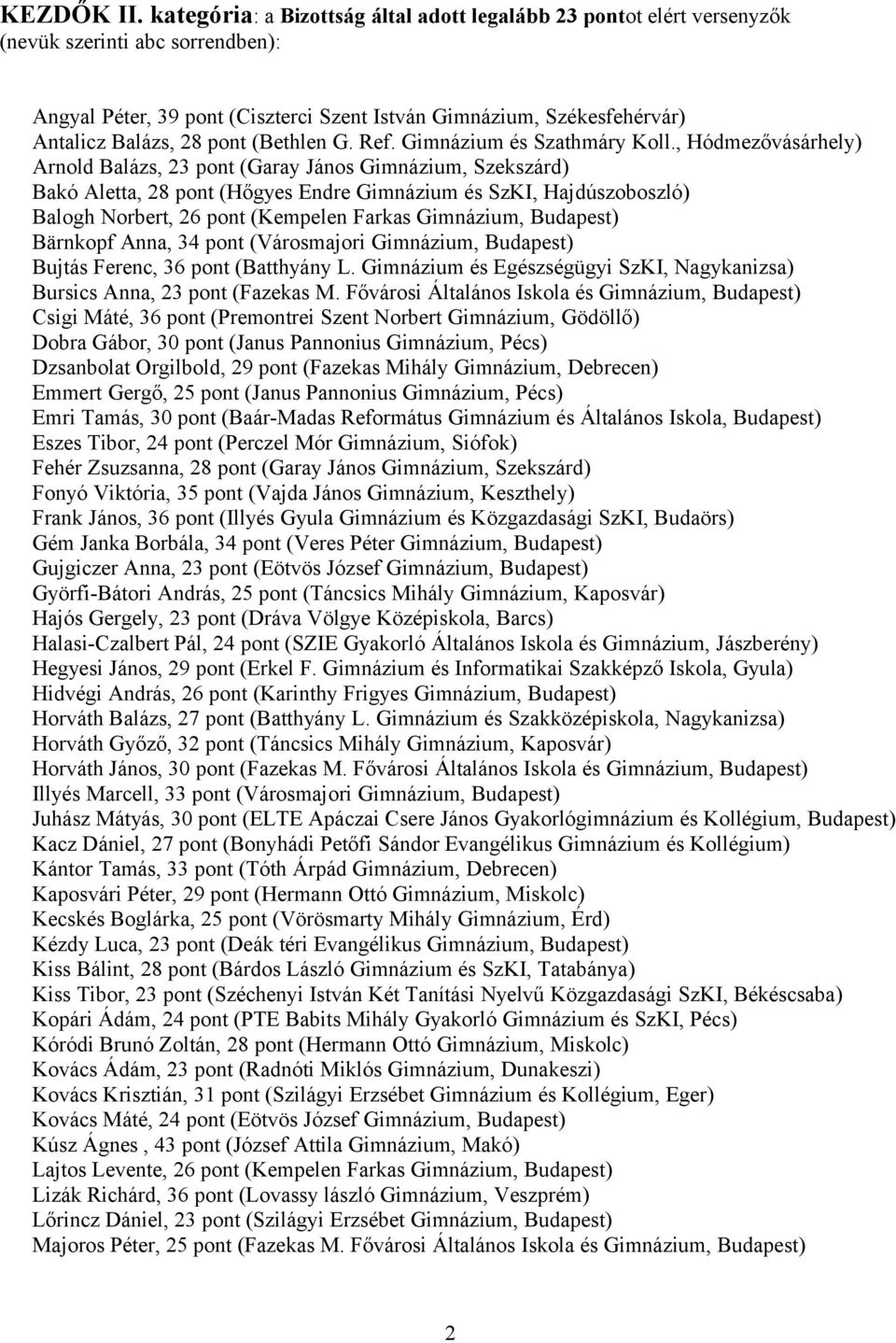 , Hódmezővásárhely) Arnold Balázs, 23 pont (Garay János Gimnázium, Szekszárd) Bakó Aletta, 28 pont (Hőgyes Endre Gimnázium és SzKI, Hajdúszoboszló) Balogh Norbert, 26 pont (Kempelen Farkas Gimnázium,