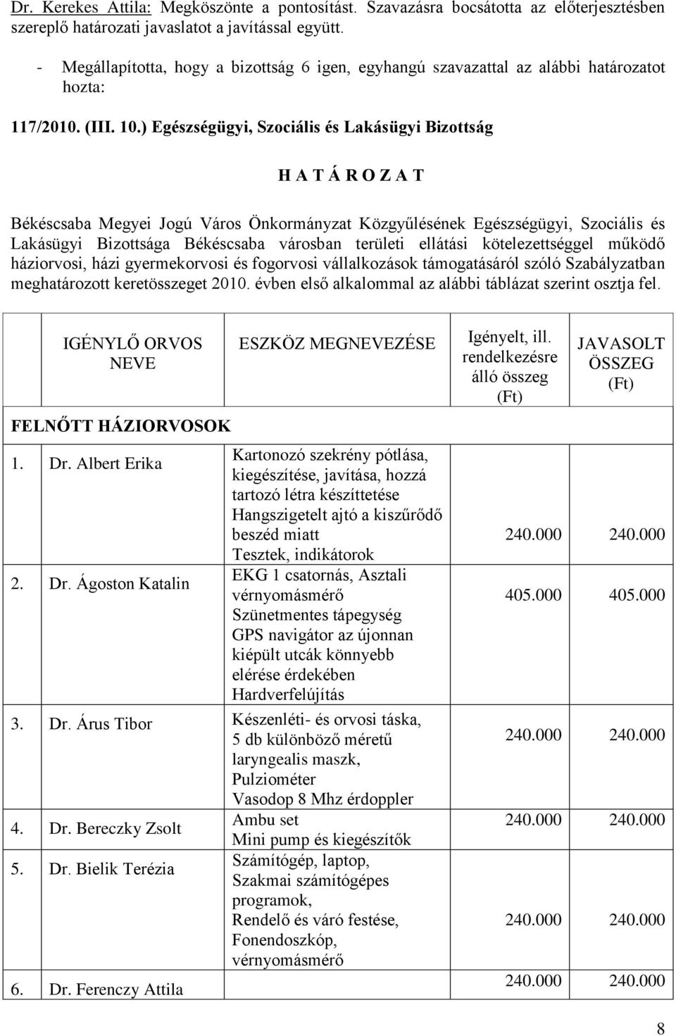 ) Egészségügyi, Szociális és Lakásügyi Bizottság Lakásügyi Bizottsága Békéscsaba városban területi ellátási kötelezettséggel működő háziorvosi, házi gyermekorvosi és fogorvosi vállalkozások