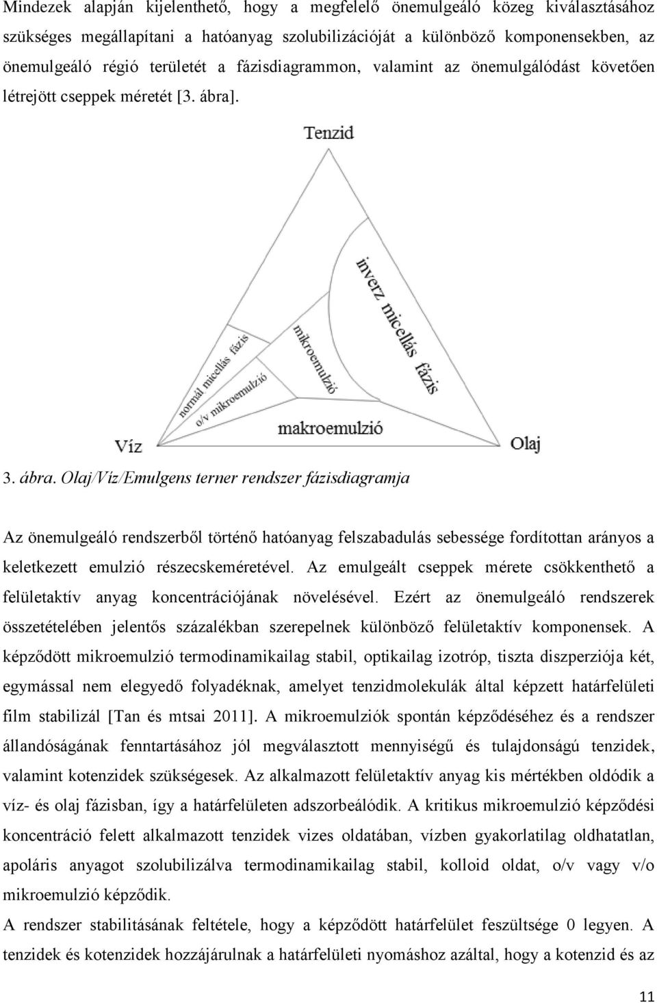 . 3. ábra. Olaj/Víz/Emulgens terner rendszer fázisdiagramja Az önemulgeáló rendszerből történő hatóanyag felszabadulás sebessége fordítottan arányos a keletkezett emulzió részecskeméretével.