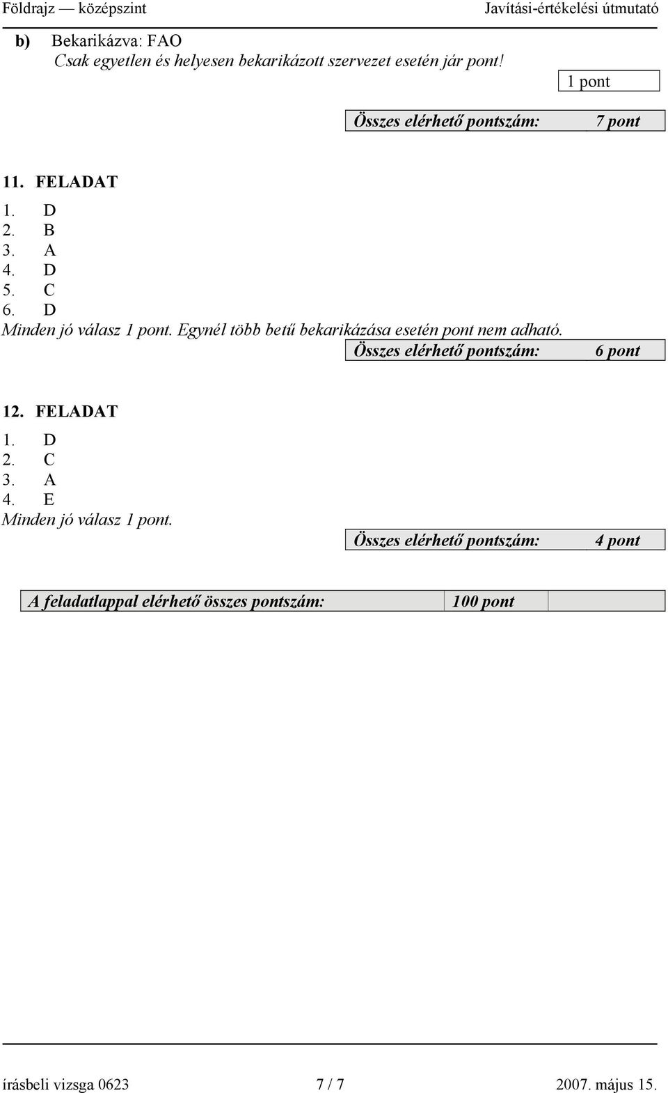 Egynél több betű bekarikázása esetén pont nem adható. 6 pont 12. FELADAT 1. D 2. C 3.
