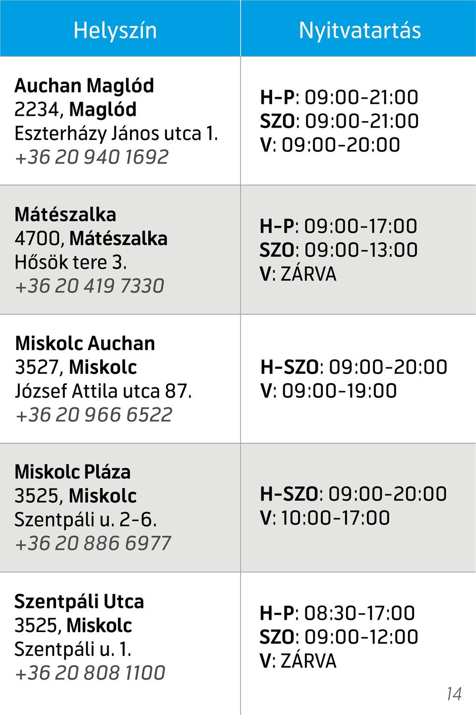 +36 20 419 7330 SZO: 09:00-13:00 Miskolc Auchan 3527, Miskolc József Attila utca 87.