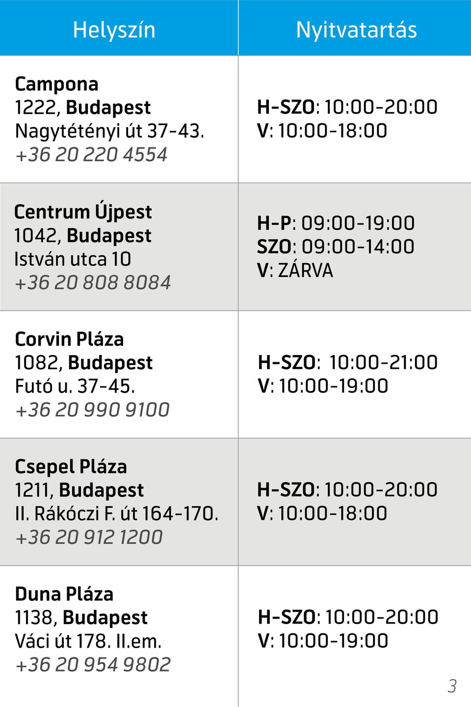 09:00-19:00 SZO: 09:00-14:00 Corvin Pláza 1082, Budapest Futó u. 37-45.
