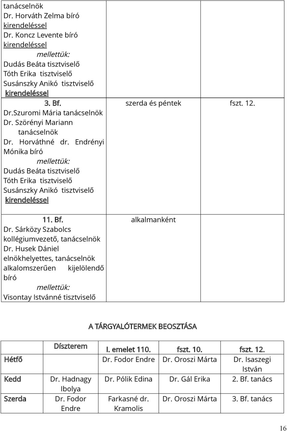 Husek Dániel elnökhelyettes, tanácselnök alkalomszerűen kijelölendő bíró mellettük: Visontay Istvánné tisztviselő szerda és péntek fszt. 12. alkalmanként A TÁRGYALÓTERMEK BEOSZTÁSA Díszterem I.