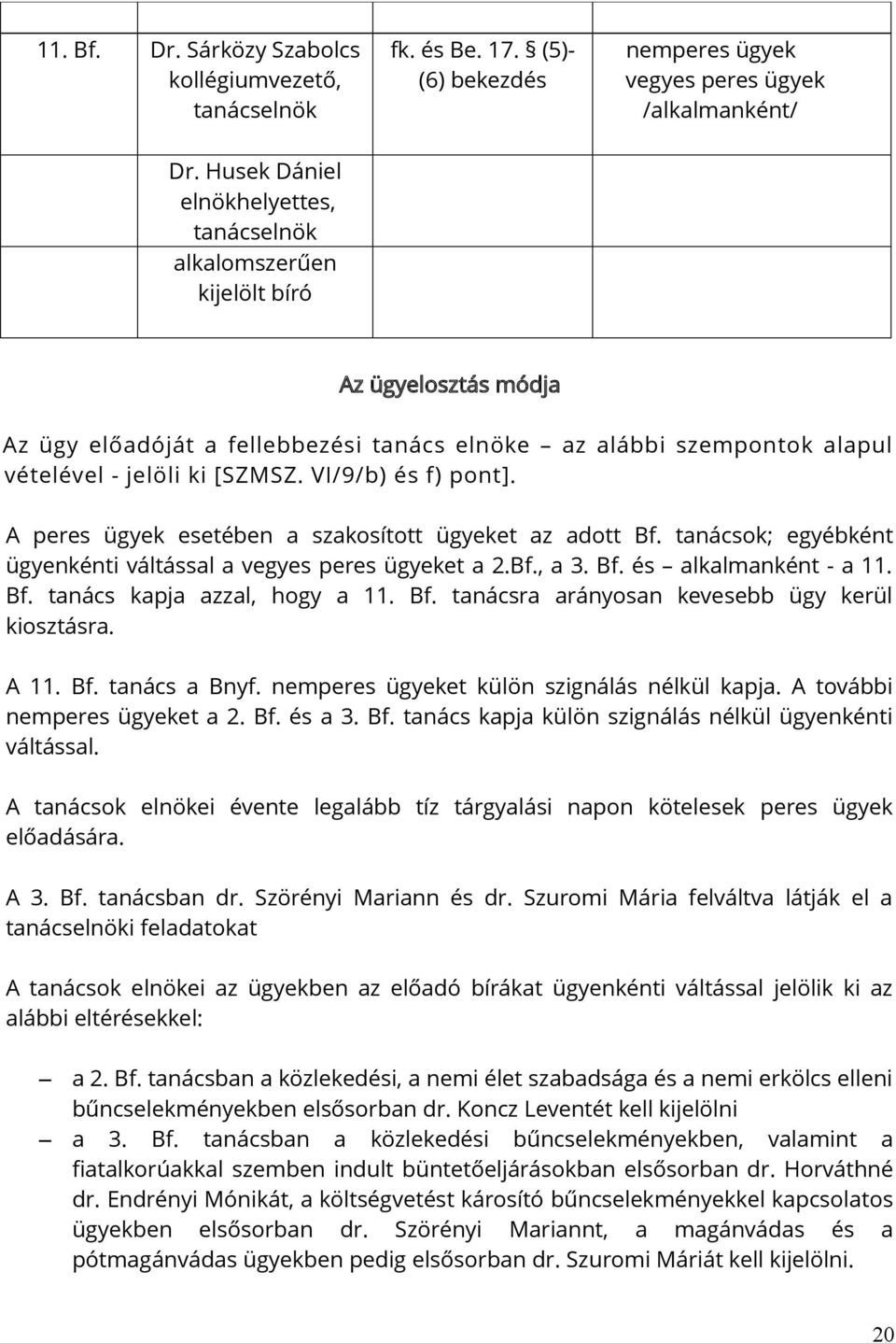 VI/9/b) és f) pont]. A peres ügyek esetében a szakosított ügyeket az adott Bf. tanácsok; egyébként ügyenkénti váltással a vegyes peres ügyeket a 2.Bf., a 3. Bf. és alkalmanként - a 11. Bf. tanács kapja azzal, hogy a 11.