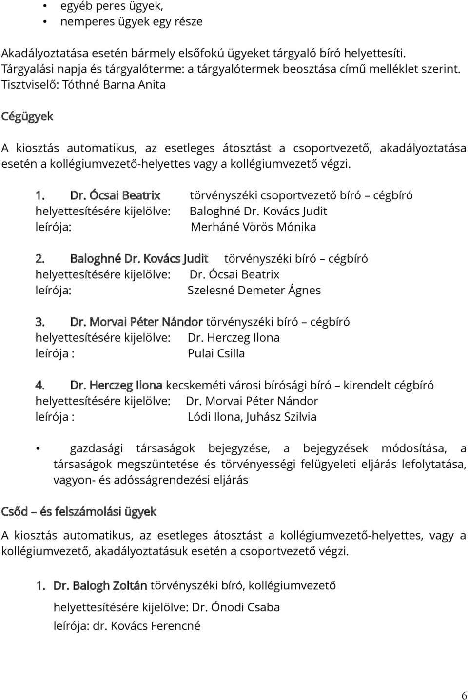 Ócsai Beatrix törvényszéki csoportvezető bíró cégbíró helyettesítésére kijelölve: Baloghné Dr. Kovács Judit leírója: Merháné Vörös Mónika 2. Baloghné Dr. Kovács Judit törvényszéki bíró cégbíró helyettesítésére kijelölve: Dr.