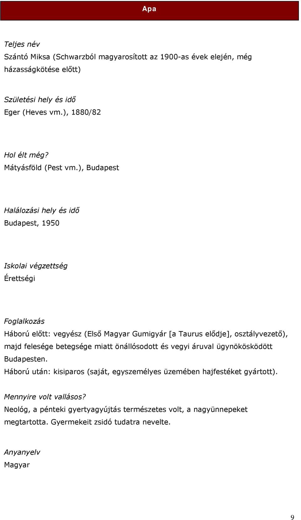 ), Budapest Halálozási hely és idő Budapest, 1950 Iskolai végzettség Érettségi Foglalkozás Háború előtt: vegyész (Első Magyar Gumigyár [a Taurus elődje],