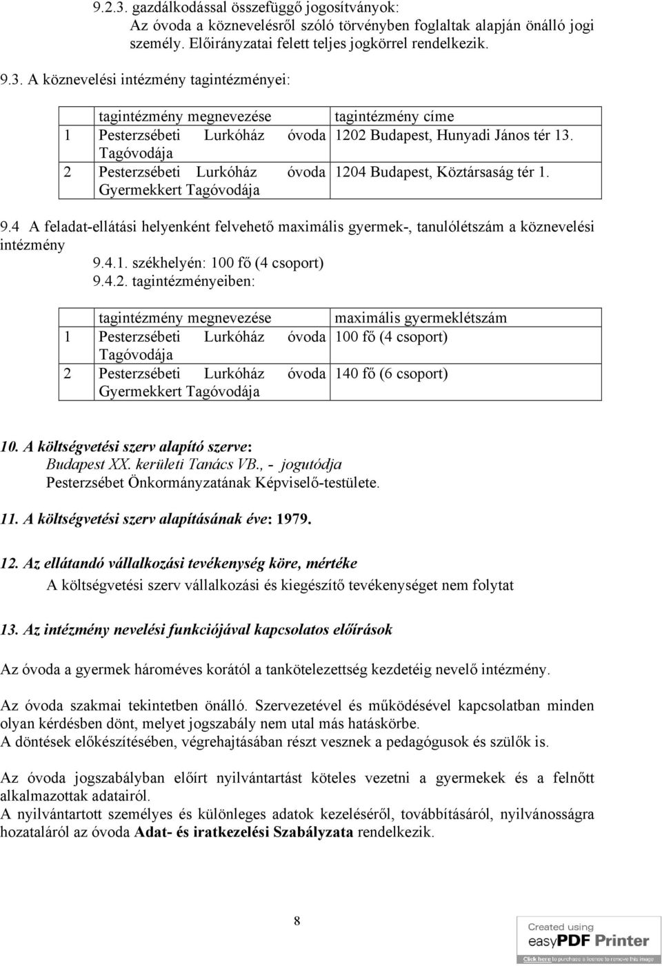 A köznevelési intézmény tagintézményei: tagintézmény megnevezése 1 Pesterzsébeti Lurkóház óvoda Tagóvodája 2 Pesterzsébeti Lurkóház óvoda Gyermekkert Tagóvodája tagintézmény címe 1202 Budapest,