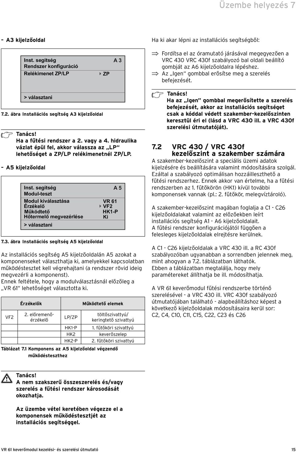 Az Igen gombbal erősítse meg a szerelés befejezését. > választani 7.2. ábra Installációs segítség A3 kijelzőoldal h Tanács! Ha a fűtési rendszer a 2. vagy a 4.