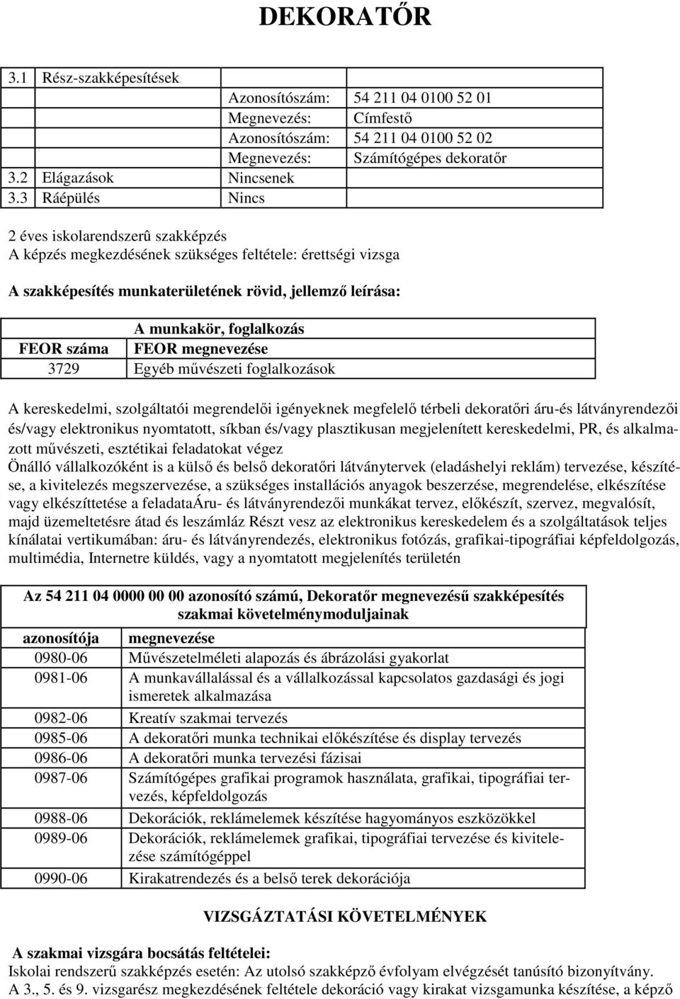 száma FEOR megnevezése 3729 Egyéb művészeti foglalkozások A kereskedelmi, szolgáltatói megrendelői igényeknek megfelelő térbeli dekoratőri áru-és látványrendezői és/vagy elektronikus nyomtatott,