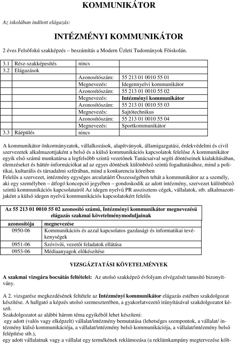 Megnevezés: Sajtótechnikus Azonosítószám: 55 213 01 0010 55 04 Megnevezés: Sportkommunikátor 3.