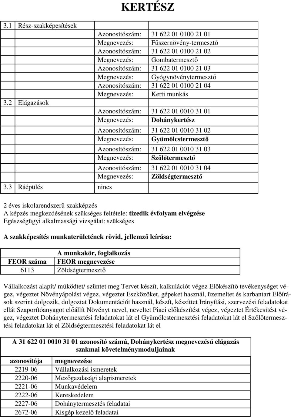 Megnevezés: Gyógynövénytermesztő Azonosítószám: 31 622 01 0100 21 04 Megnevezés: Kerti munkás Azonosítószám: 31 622 01 0010 31 01 Megnevezés: Dohánykertész Azonosítószám: 31 622 01 0010 31 02