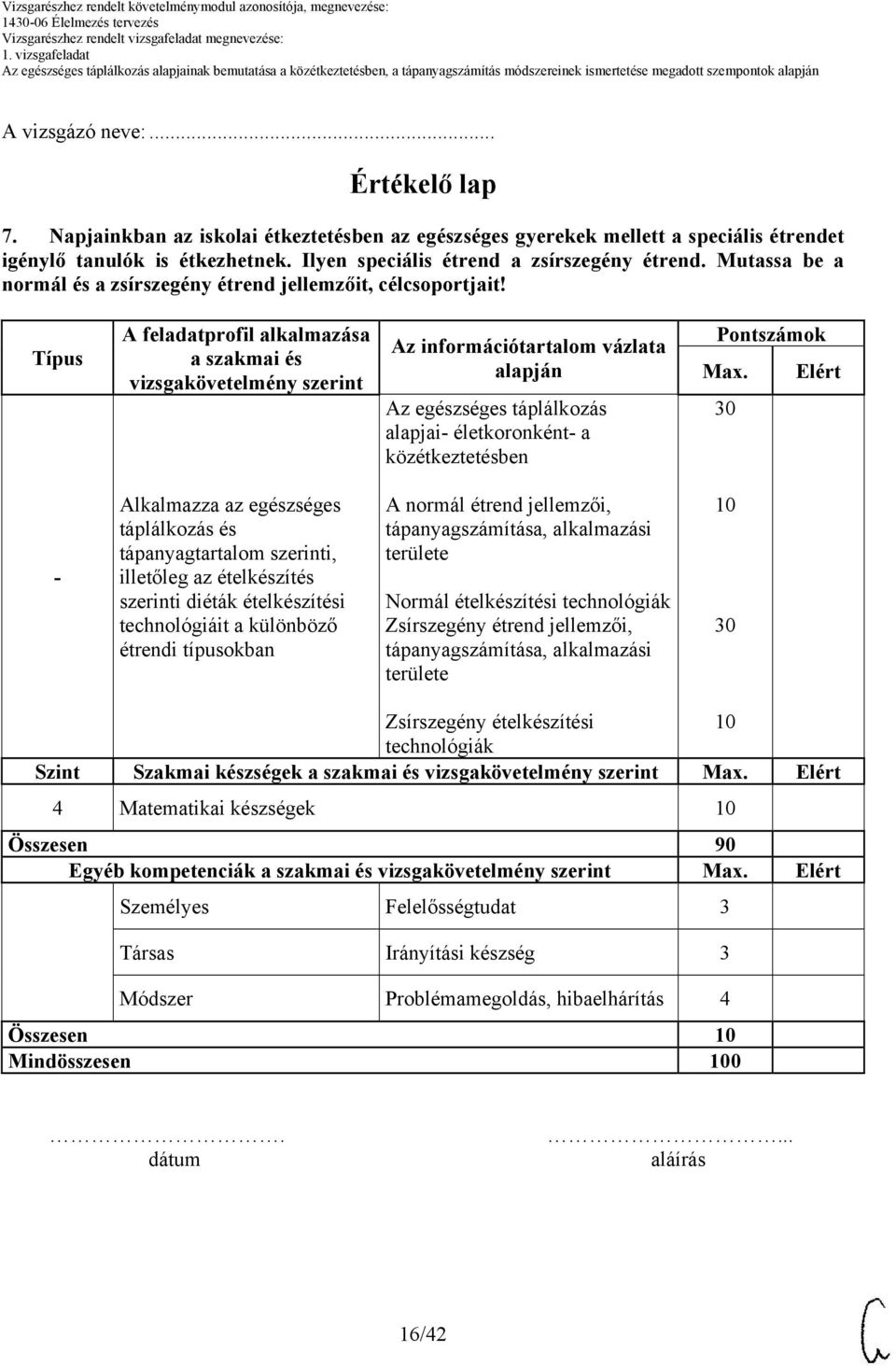 Típus A feladatprofil alkalmazása a szakmai és vizsgakövetelmény szerint Az információtartalom vázlata alapján Az egészséges táplálkozás alapjai- életkoronként- a közétkeztetésben Pontszámok Max.