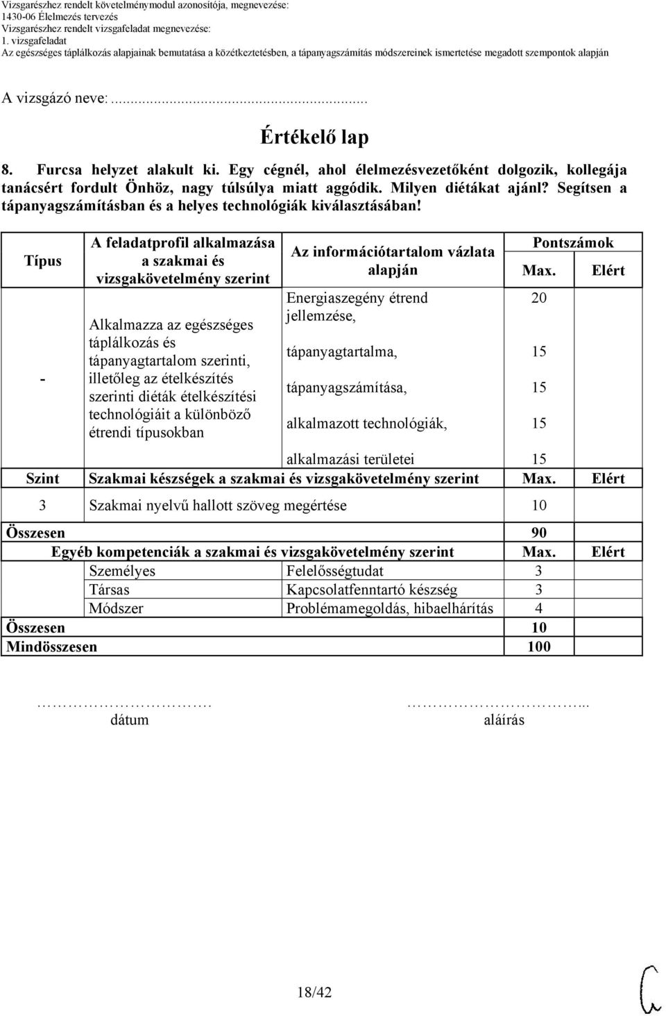 Típus - A feladatprofil alkalmazása a szakmai és vizsgakövetelmény szerint Alkalmazza az egészséges táplálkozás és tápanyagtartalom szerinti, illetőleg az ételkészítés szerinti diéták ételkészítési