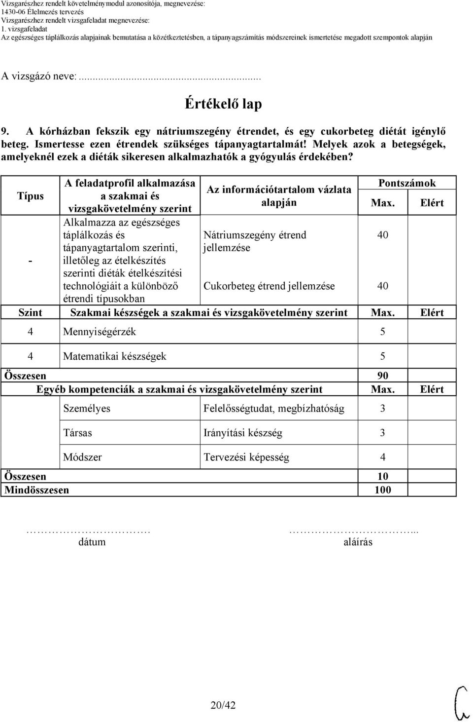 Típus - A feladatprofil alkalmazása a szakmai és vizsgakövetelmény szerint Alkalmazza az egészséges táplálkozás és tápanyagtartalom szerinti, illetőleg az ételkészítés szerinti diéták ételkészítési