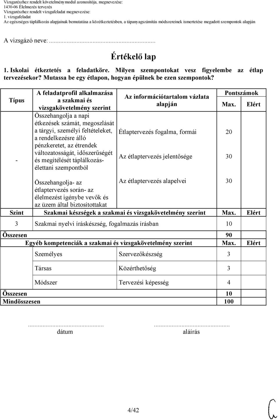 étrendek változatosságát, időszerűségét és megítélését táplálkozásélettani szempontból Az információtartalom vázlata alapján Étlaptervezés fogalma, formái Az étlaptervezés jelentősége Pontszámok Max.