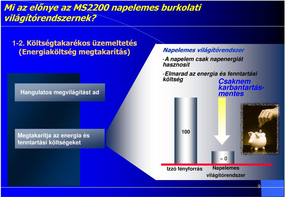 világítórendszer -A A napelem csak napenergiát hasznosít -Elmarad az energia és fenntartási költség