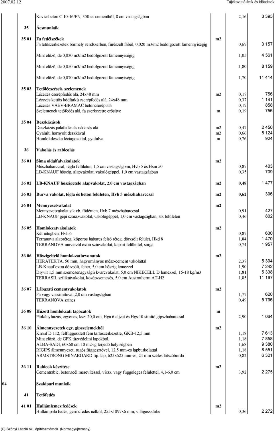 0,020 m3/m2 bedolgozott famennyiségig 0,69 3 157 Mint elõzõ, de 0,030 m3/m2 bedolgozott famennyiségig 1,05 4 561 Mint elõzõ, de 0,050 m3/m2 bedolgozott famennyiségig 1,80 8 159 Mint elõzõ, de 0,070