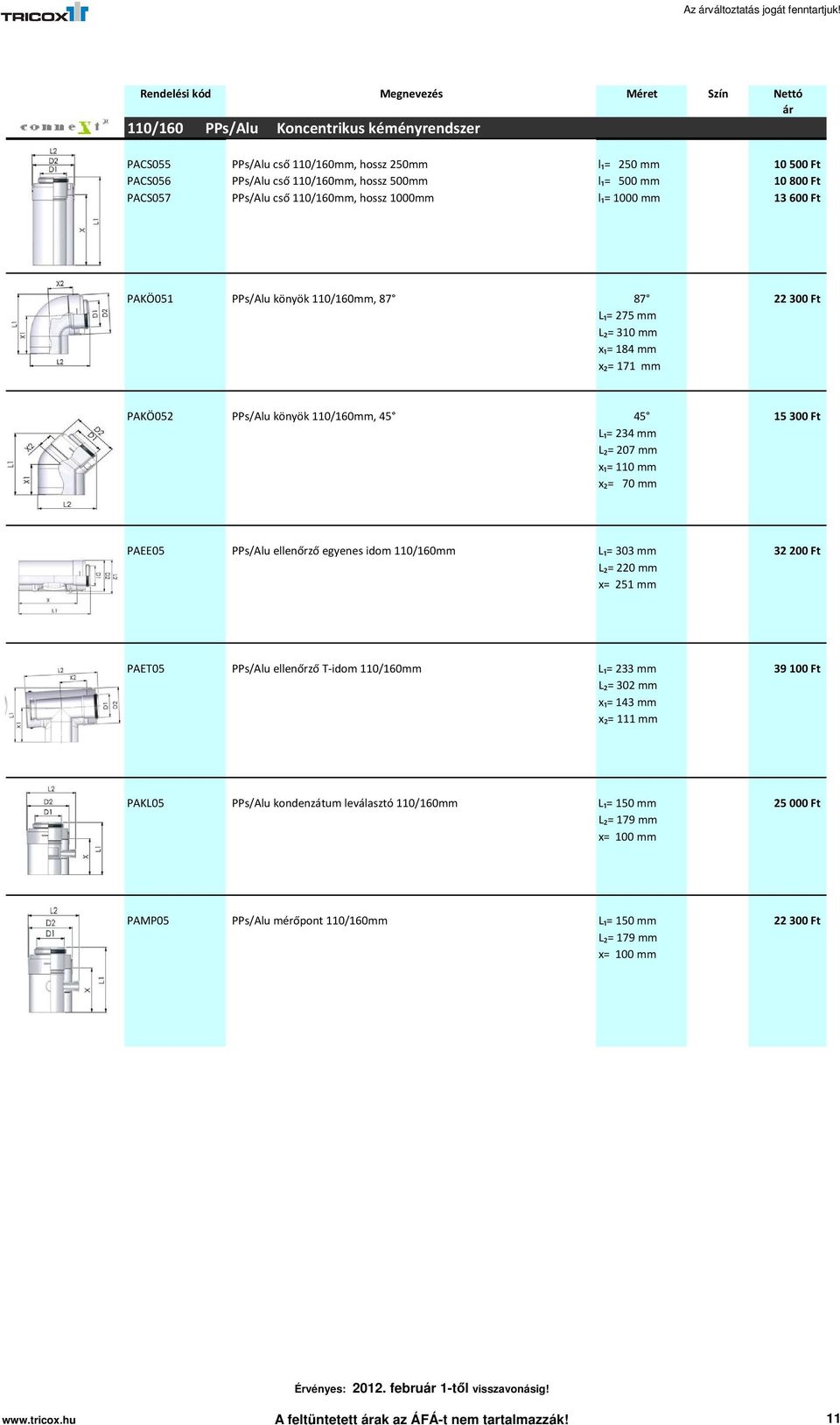 110/160mm, hossz 1000mm l₁= 1000 mm 13600 Ft PAKÖ051 PPs/Alu könyök 110/160mm, 87 87 22300 Ft L₁= 275 mm L₂= 310 mm x₁= 184 mm x₂= 171 mm PAKÖ052 PPs/Alu könyök 110/160mm, 45 45 15300 Ft L₁= 234 mm