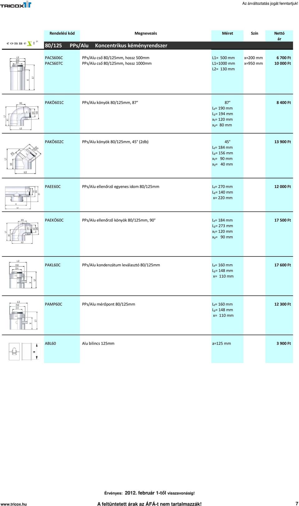 PAKÖ601C PPs/Alu könyök 80/125mm, 87 87 8400 Ft L₁= 190 mm L₂= 194 mm x₁= 120 mm x₂= 80 mm PAKÖ602C PPs/Alu könyök 80/125mm, 45 (2db) 45 13900 Ft L₁= 184 mm L₂= 156 mm x₁= 90 mm x₂= 40 mm PAEE60C