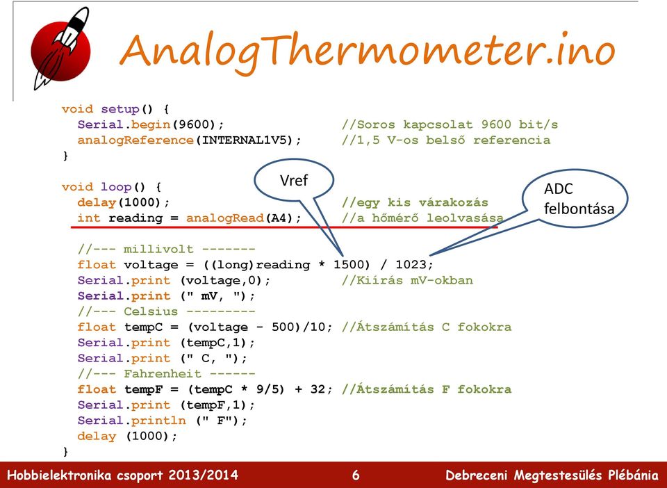 kis várakozás //a hőmérő leolvasása ADC felbontása //--- millivolt ------- float voltage = ((long)reading * 1500) / 1023; Serial.
