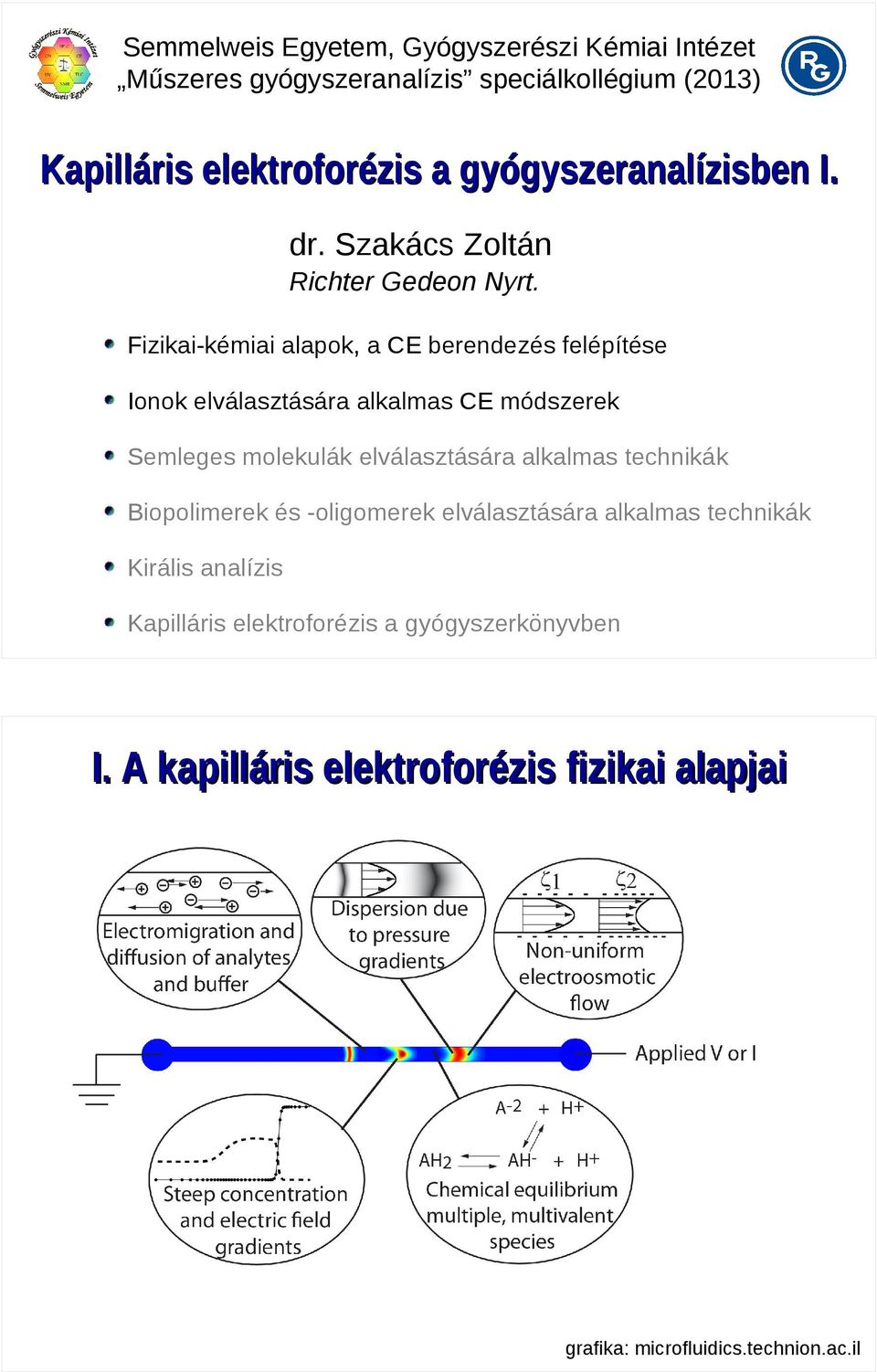 Fizikai-kémiai alapok, a CE berendezés felépítése Ionok elválasztására alkalmas CE módszerek Semleges molekulák elválasztására alkalmas