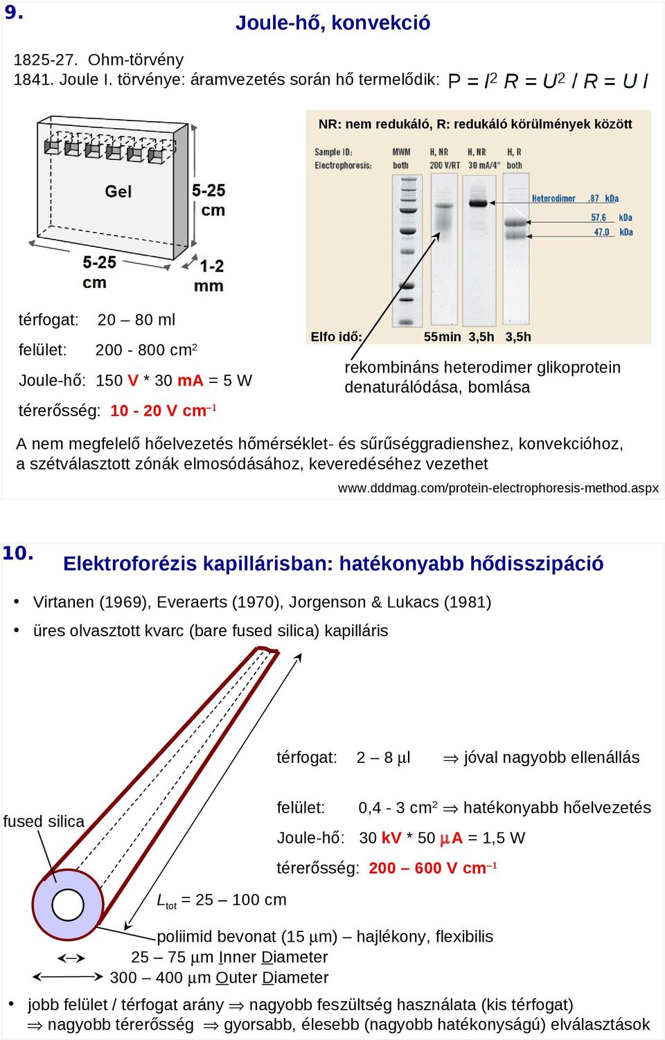 denaturálódása, bomlása Joule-hő: 150 V * 30 ma = 5 W térerősség: - 0 V cm A nem megfelelő hőelvezetés hőmérséklet- és sűrűséggradienshez, konvekcióhoz, a szétválasztott zónák elmosódásához,