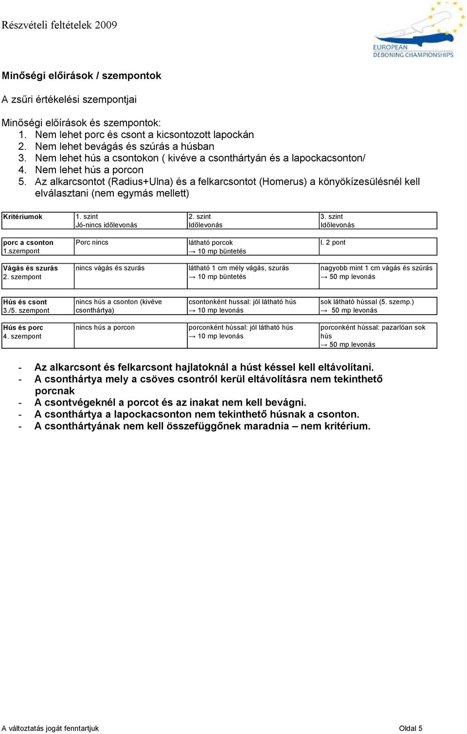 Az alkarcsontot (Radius+Ulna) és a felkarcsontot (Homerus) a könyökízesülésnél kell elválasztani (nem egymás mellett) Kritériumok 1. szint 2. szint 3.