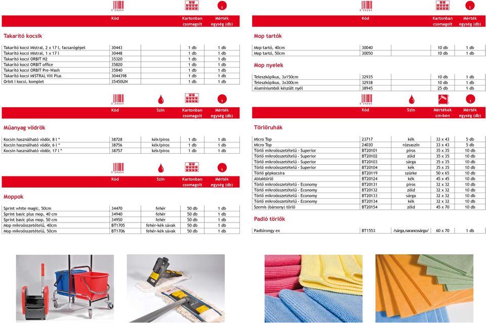 Orbit I kocsi, komplet 35450UN 1 db 1 db Mop tartók Mop tartó, 40cm 30040 10 db 1 db Mop tartó, 50cm 30050 10 db 1 db Mop nyelek Teleszkópikus, 3x150cm 32935 10 db 1 db Teleszkópikus, 3x300cm 32938