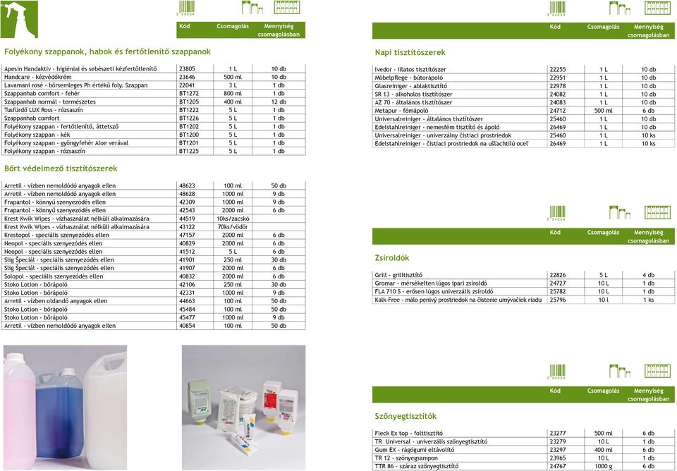 Szappan 22041 3 L 1 db Szappanhab comfort - fehér BT1272 800 ml 1 db Szappanhab normál - természetes BT1205 400 ml 12 db Tusfürdő LUX Ross - rózsaszín BT1222 5 L 1 db Szappanhab comfort BT1226 5 L 1