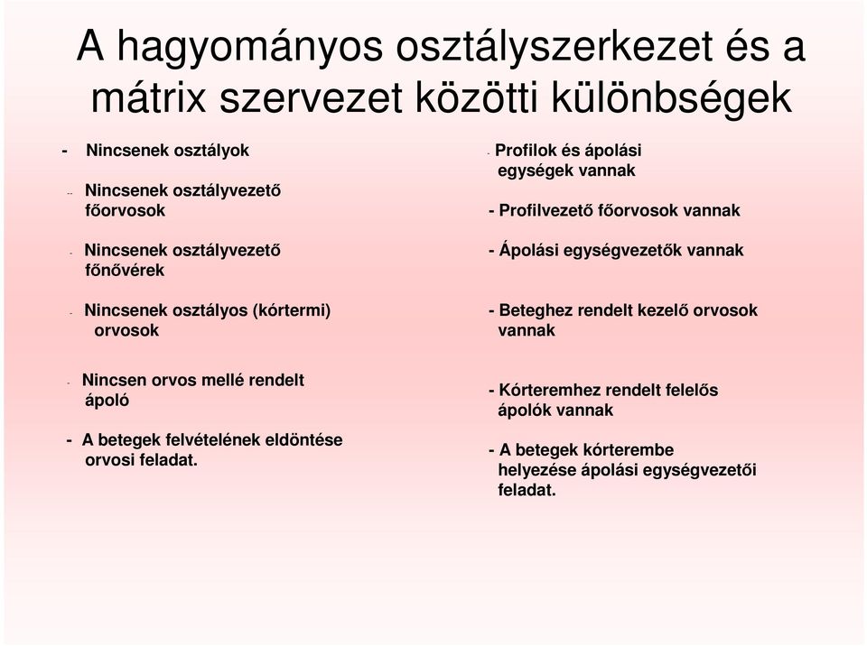 fıorvosok vannak - Ápolási egységvezetık vannak - Beteghez rendelt kezelı orvosok vannak - Nincsen orvos mellé rendelt ápoló - A betegek