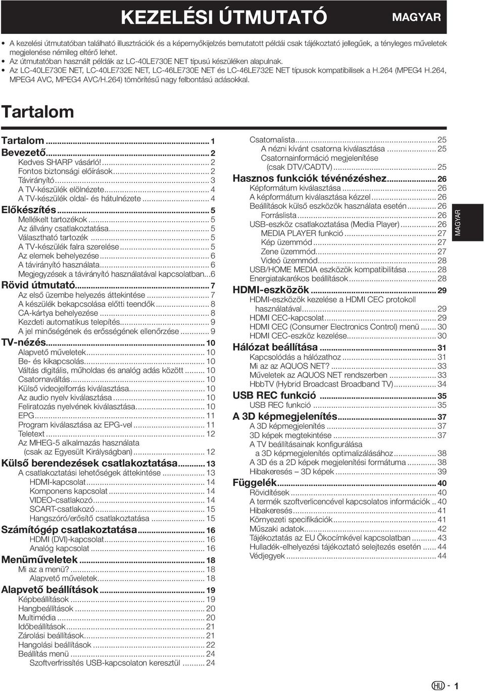 264, MPEG4 AVC, MPEG4 AVC/H.264) tömörítésű nagy felbontású adásokkal. Tartalom Tartalom... 1 Bevezető... 2 Kedves SHARP vásárló!... 2 Fontos biztonsági előírások... 2 Távirányító.
