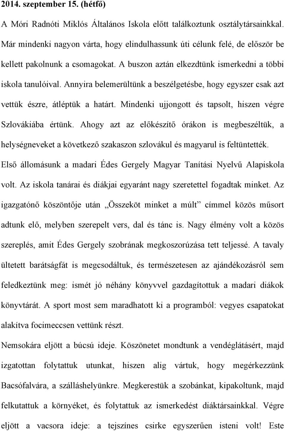 Annyira belemerültünk a beszélgetésbe, hogy egyszer csak azt vettük észre, átléptük a határt. Mindenki ujjongott és tapsolt, hiszen végre Szlovákiába értünk.