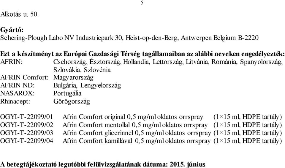 engedélyezték: AFRIN: Csehország, Észtország, Hollandia, Lettország, Litvánia, Románia, Spanyolország, Szlovákia, Szlovénia AFRIN Comfort: Magyarország AFRIN ND: Bulgária, Lengyelország