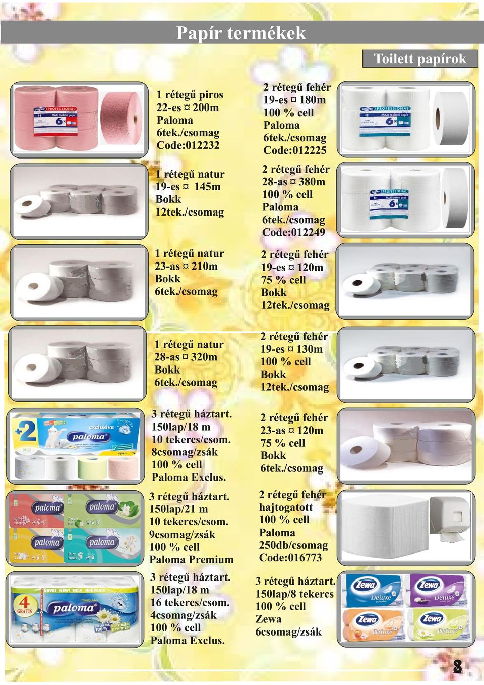 /csomag 1 rétegű natur 28-as 320m 2 rétegű fehér 19-es 130m 100 % cell 12tek./csomag 3 rétegű háztart. 150lap/18 m 10 tekercs/csom. 8csomag/zsák 100 % cell Exclus.