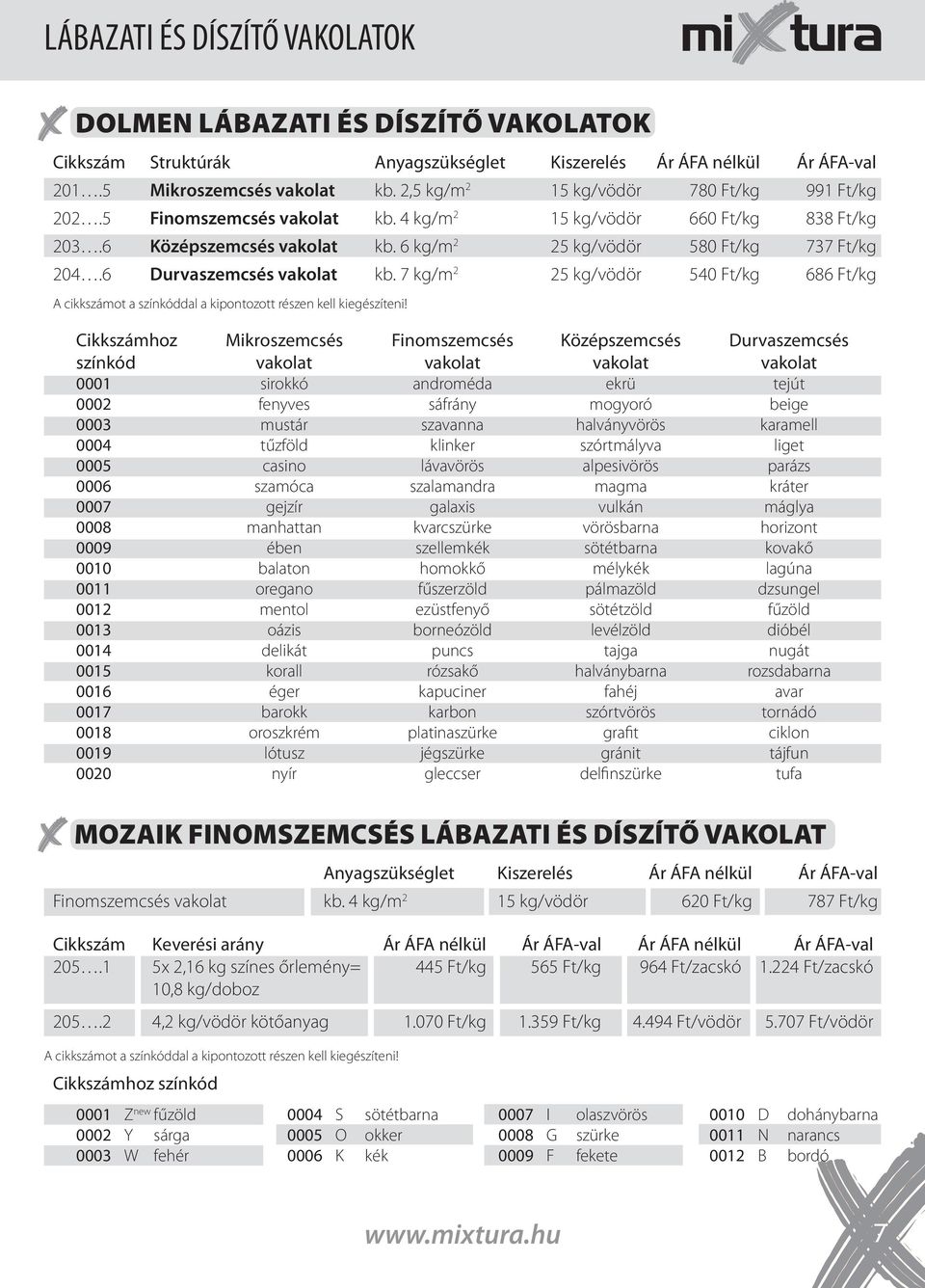 6 Durvaszemcsés vakolat kb. 7 kg/m 2 25 kg/vödör 540 Ft/kg 686 Ft/kg A cikkszámot a színkóddal a kipontozott részen kell kiegészíteni!