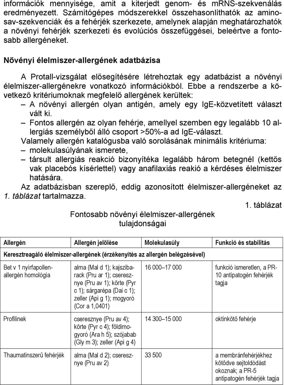 fontosabb allergéneket. Növényi élelmiszer-allergének adatbázisa A Protall-vizsgálat elősegítésére létrehoztak egy adatbázist a növényi élelmiszer-allergénekre vonatkozó információkból.