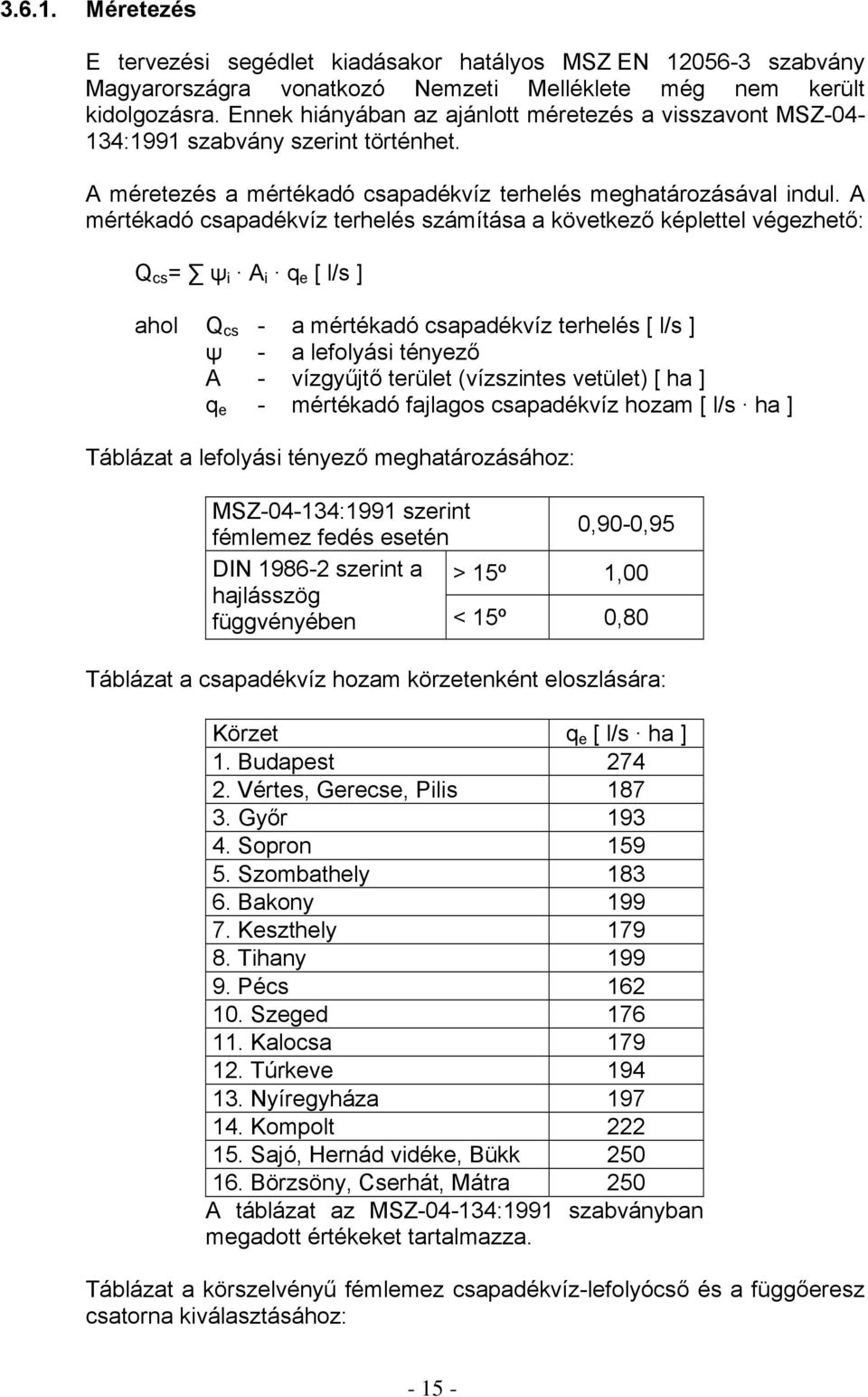 A mértékadó csapadékvíz terhelés számítása a következő képlettel végezhető: Q cs = ψ i A i q e [ l/s ] ahol Q cs - a mértékadó csapadékvíz terhelés [ l/s ] ψ - a lefolyási tényező A - vízgyűjtő